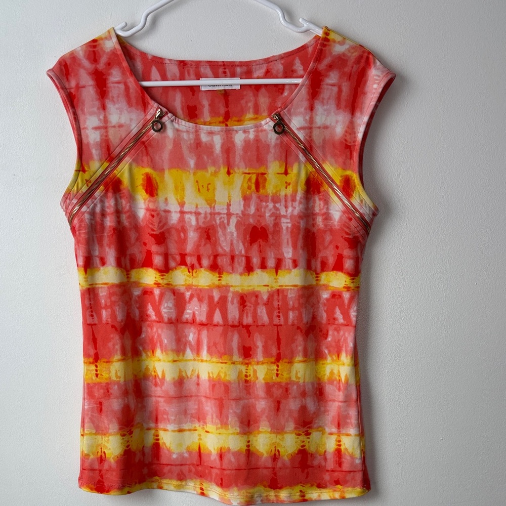 Calvin Klein Red & Yellow Tie-Dye Cap Sleeve Tank